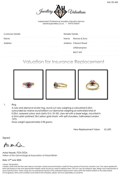 18ct yellow gold ring featuring a 0.33 carat ruby and 1/4 carat diamond, showcasing a elegant and sparkling jewelry design.