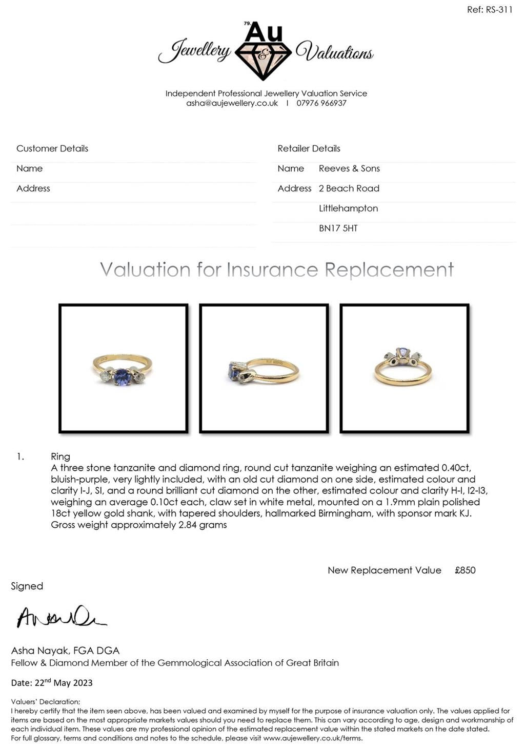 18ct yellow gold tanzanite and diamond ring with 0.40 carat tanzanite and 0.20 carat diamonds, elegant jewelry piece.