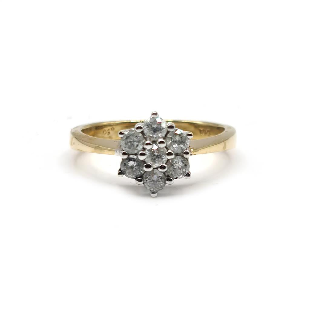 18ct yellow gold diamond cluster ring with 0.50 carat diamonds, size N, featuring a sparkling design and elegant craftsmanship.