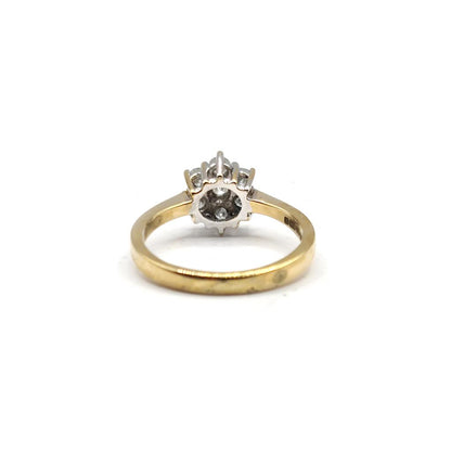 18ct yellow gold diamond cluster ring with 0.50 carats, size N, featuring a sparkling diamond design on a gold band.