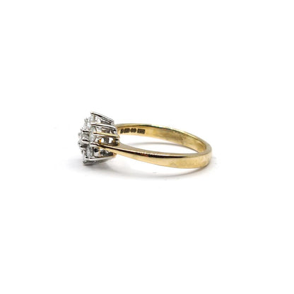 18ct yellow gold diamond cluster ring with 0.50 carat total weight, size N, featuring a sparkling diamond design.