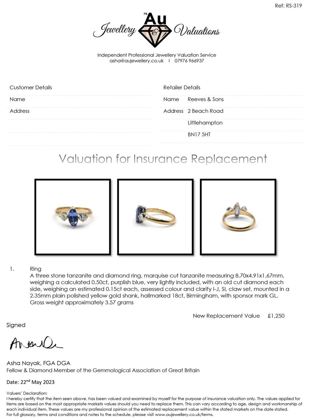 18ct yellow gold ring featuring a 0.50 carat tanzanite gemstone and 0.30 carat diamonds, crafted in a elegant design.