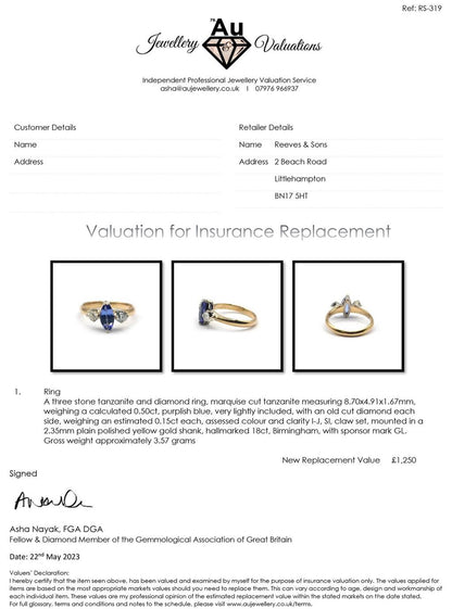 18ct yellow gold ring featuring a 0.50 carat tanzanite gemstone and 0.30 carat diamonds, crafted in a elegant design.