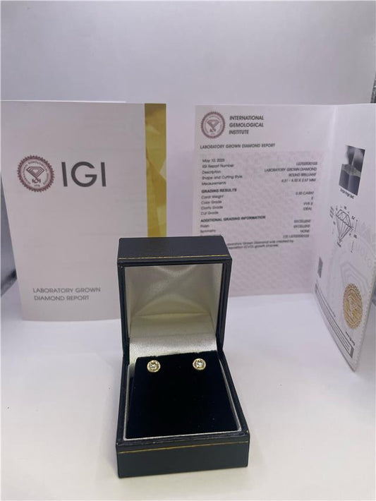 18ct yellow gold lab-created diamond earrings, 0.60 carats, colour E, VVS clarity, elegant jewelry with sparkling diamonds
