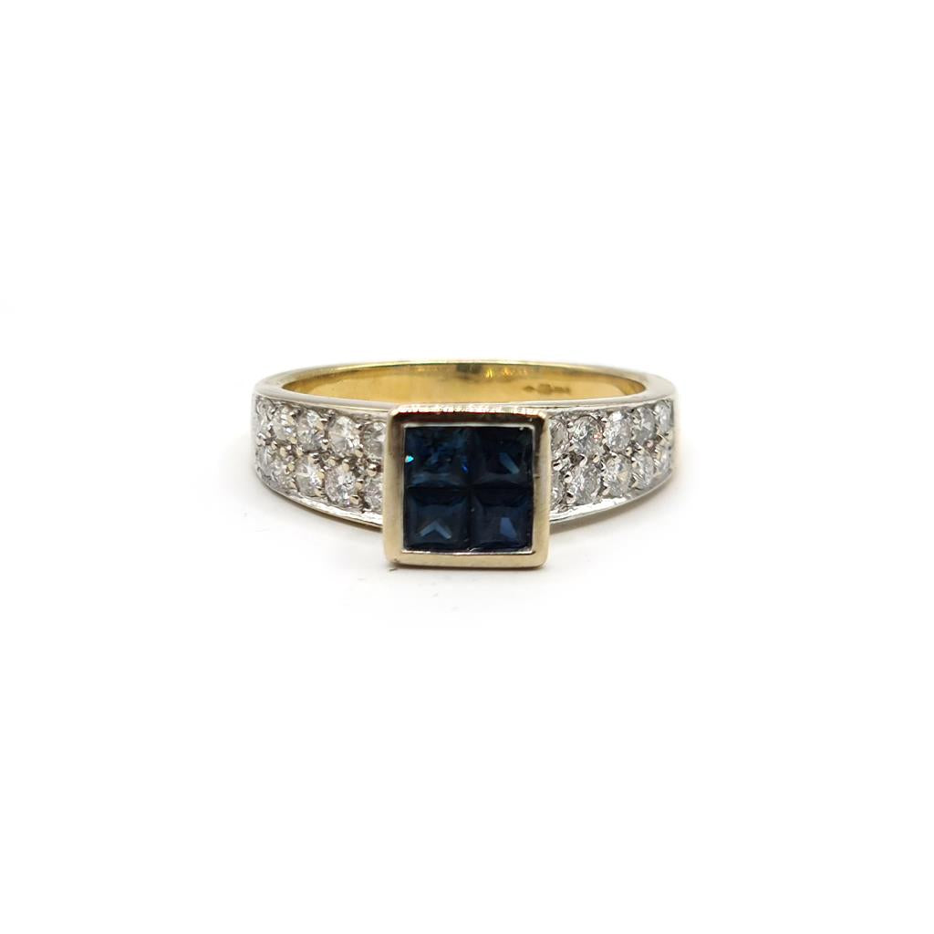 18ct yellow gold sapphire and diamond ring, size N, featuring a 0.60 carat sapphire and 0.70 carat diamonds, elegant jewelry piece