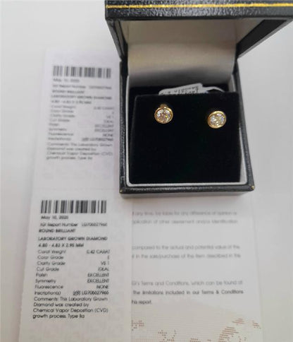 18ct yellow gold lab diamond earrings with 0.84ct total weight, colour E, VS1 clarity, IGI certification, unbranded.