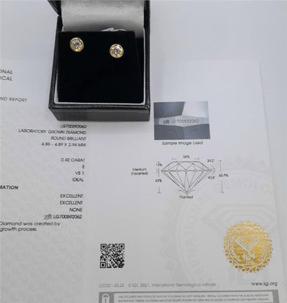 18ct yellow gold lab diamond earrings with 0.84ct total weight, color E, VS1 clarity, IGI certified, elegant jewelry pair