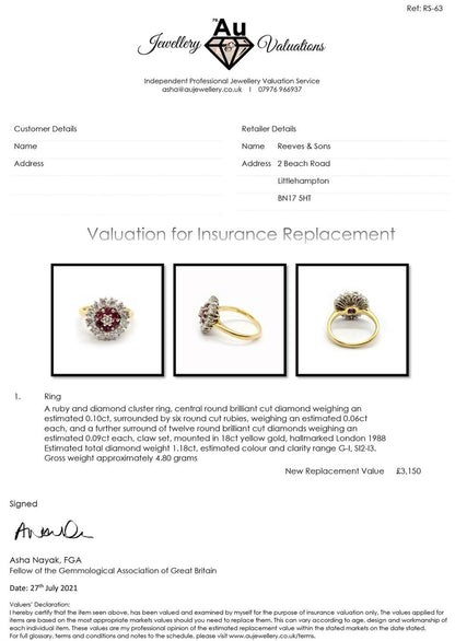 18ct yellow gold ring featuring 1.18ct diamonds and 0.36ct rubies, size K, with intricate gemstone detailing.