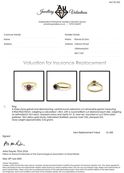 18ct yellow gold garnet and diamond ring featuring a 1.45 carat garnet and 0.30 carat diamonds, elegant jewelry piece.