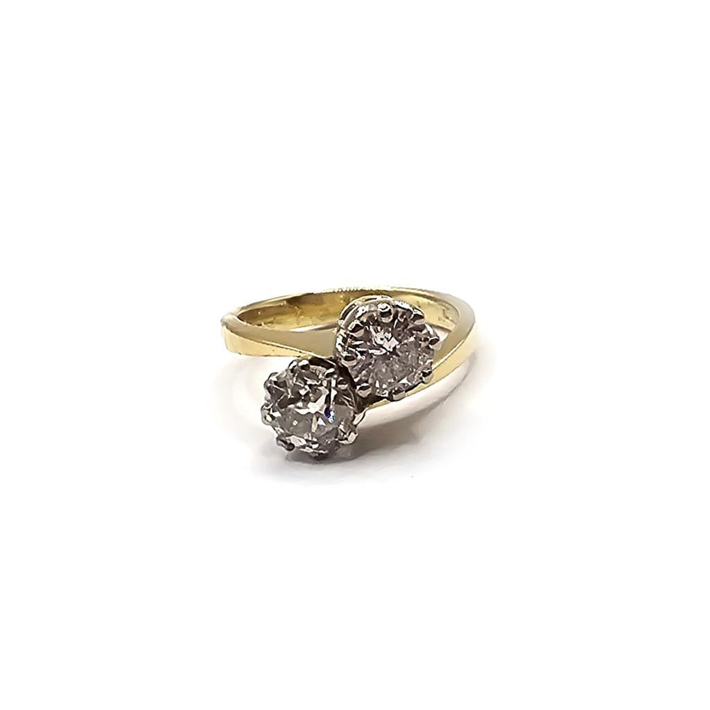 18ct yellow gold diamond two-stone crossover ring with 1.70 carats, size I, featuring a sleek design and sparkling diamonds.