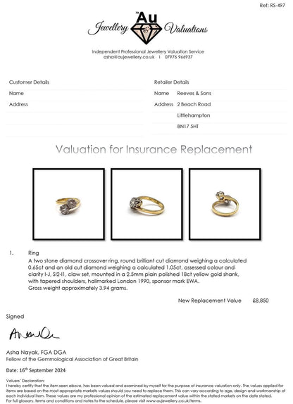 18ct yellow gold diamond two-stone crossover ring with 1.70 carats, size I, showcasing elegant design and sparkling diamonds.