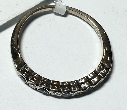 18ct yellow gold diamond and sapphire ring in size M, featuring a detailed design with sparkling gemstones.