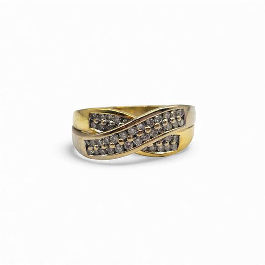 18ct yellow gold diamond crossover ring with sparkling diamonds, showcasing elegant design and fine craftsmanship.