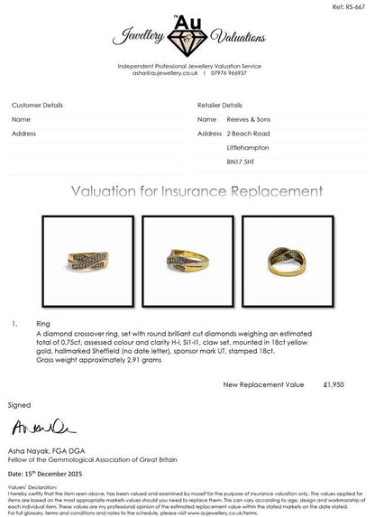18ct yellow gold diamond crossover ring featuring sparkling diamonds and a sleek design, perfect for elegant jewelry collection.