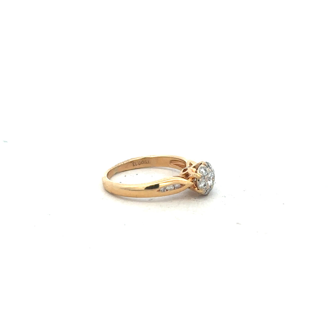 18ct yellow gold diamond ring in size J with sparkling diamonds, showcasing elegant jewelry craftsmanship.