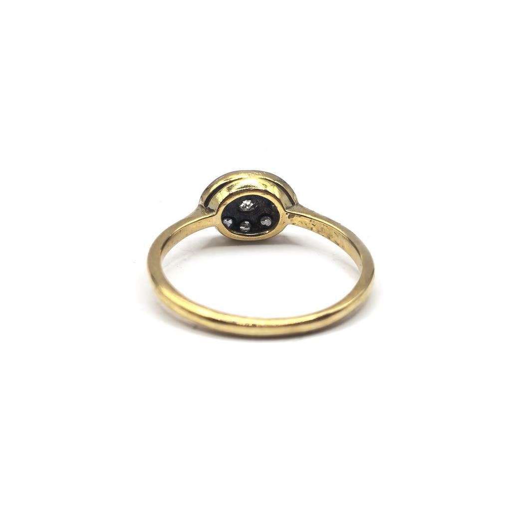 18ct yellow gold diamond ring in size K1/2 with sparkling diamonds, featuring a sleek and elegant design.