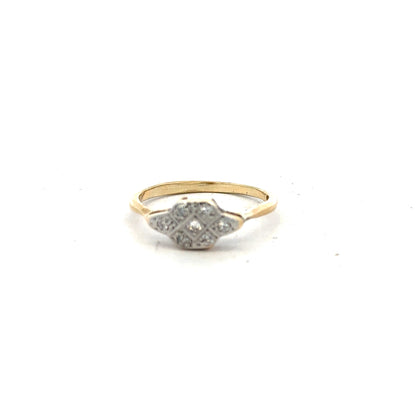 18ct yellow gold diamond ring in size N with sparkling diamonds, elegant jewelry piece with intricate design details.