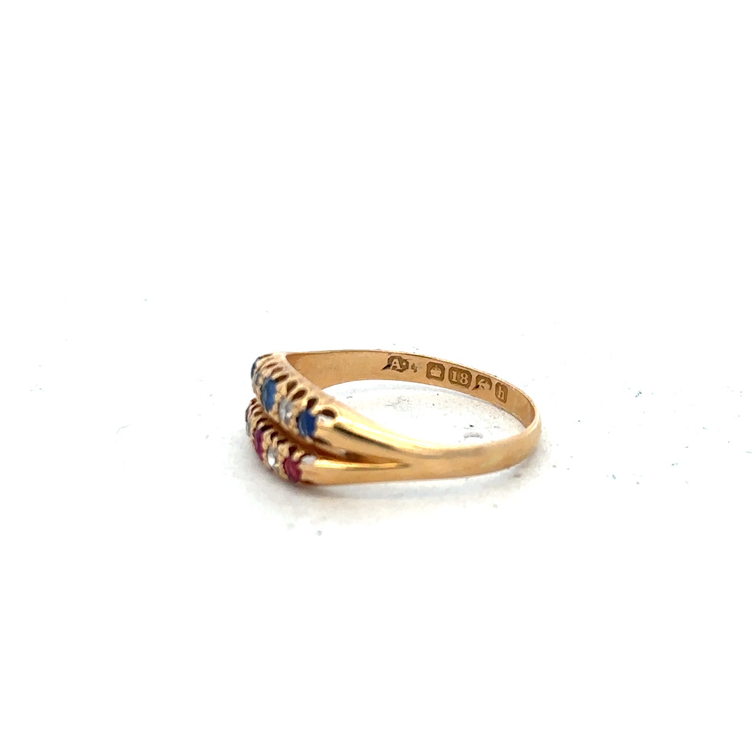18ct yellow gold ring featuring diamonds, rubies, and sapphires in size P, with intricate gemstone detailing.