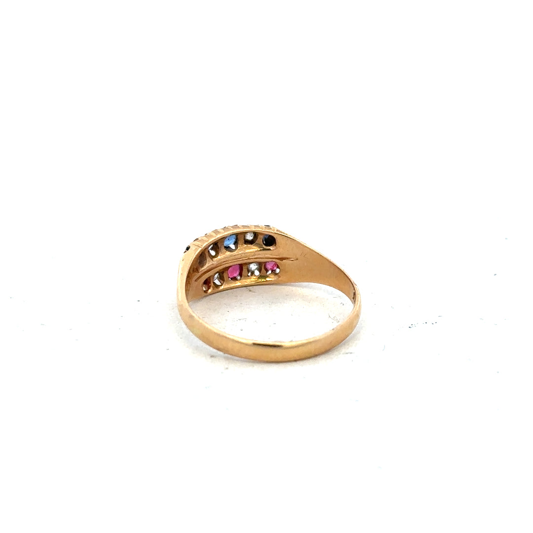 18ct yellow gold diamond, ruby, and sapphire ring in size P, featuring intricate gemstone detailing and elegant design.
