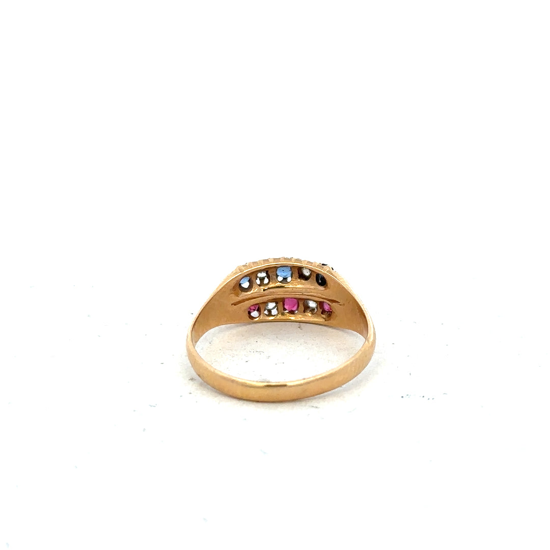 18ct yellow gold ring with diamonds, rubies, and sapphires, size P, featuring colorful gemstone accents.