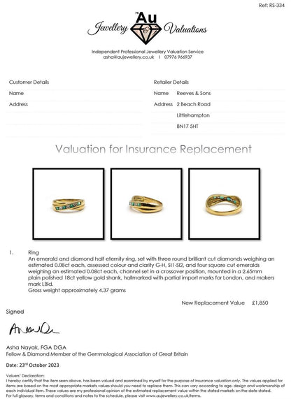 18ct yellow gold emerald and diamond half eternity ring with alternating gemstones and delicate band design