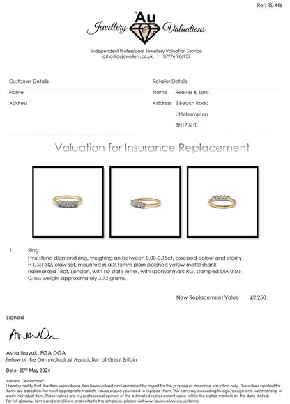 18ct yellow gold five-stone diamond ring with 1/2 carat total weight, featuring sparkling diamonds set in a classic band.