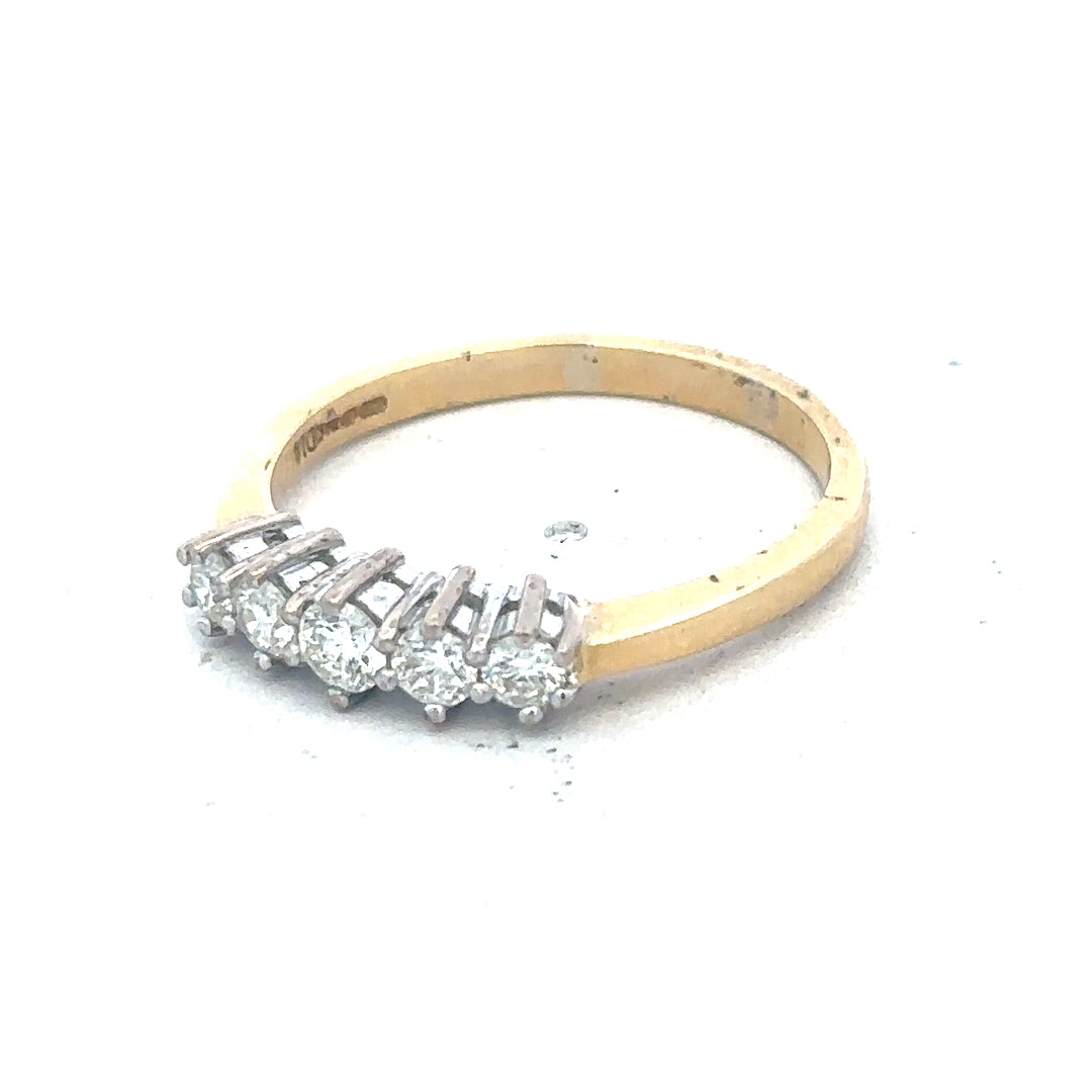 18ct yellow gold five-stone diamond ring with 1/2 carat total weight, showcasing sparkling diamonds on a sleek band.