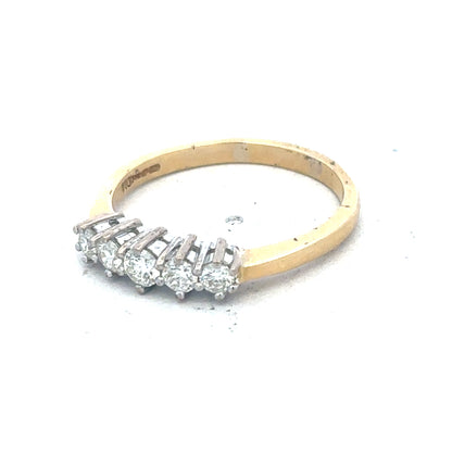 18ct yellow gold five-stone diamond ring with 1/2 carat total weight, showcasing sparkling diamonds on a sleek band.