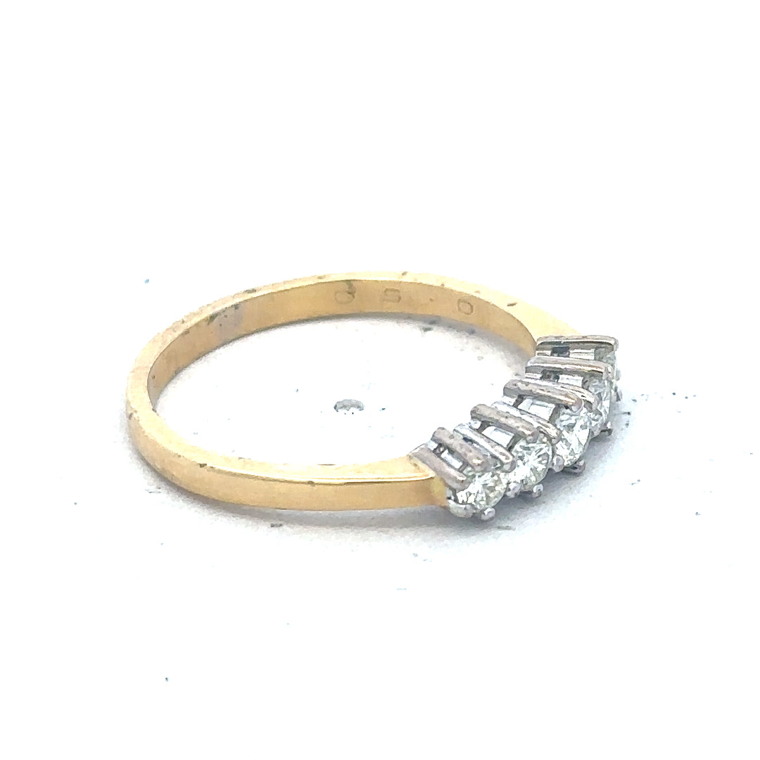 18ct yellow gold five-stone diamond ring with 1/2 carat total weight, featuring sparkling diamonds in a classic design.