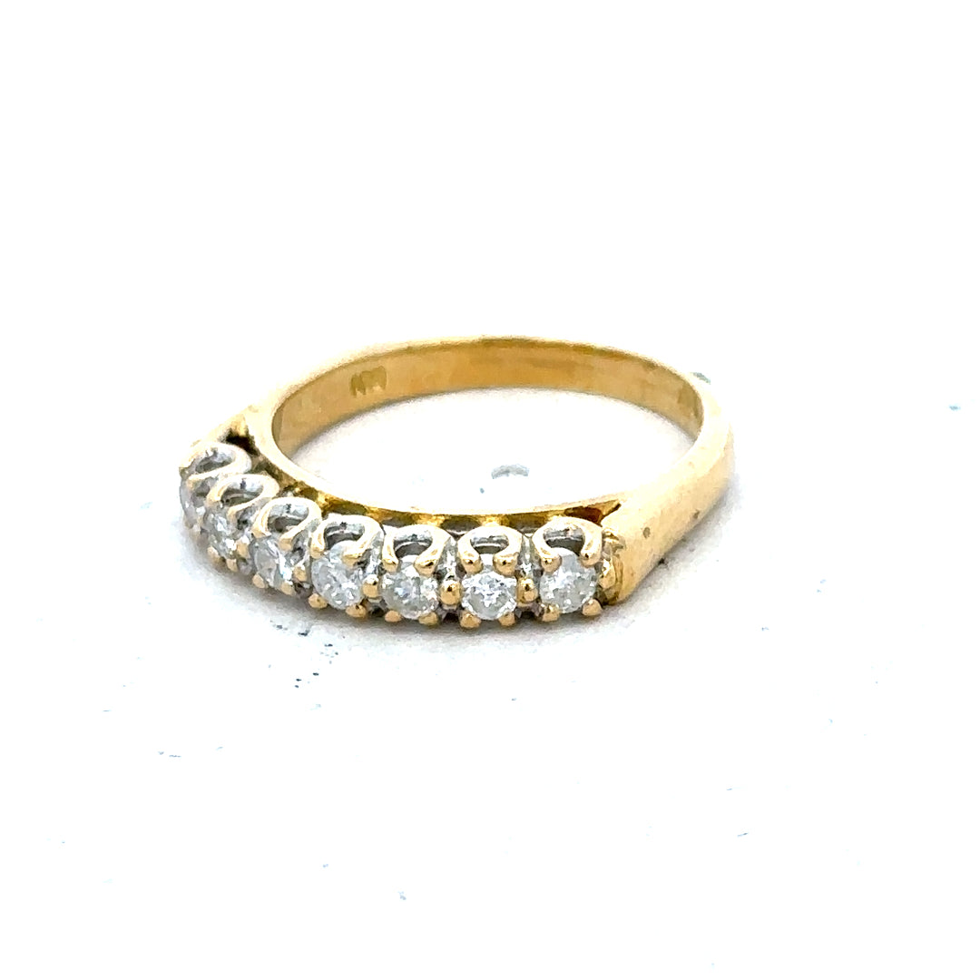18ct yellow gold half eternity diamond ring with a row of sparkling diamonds encircling the band.