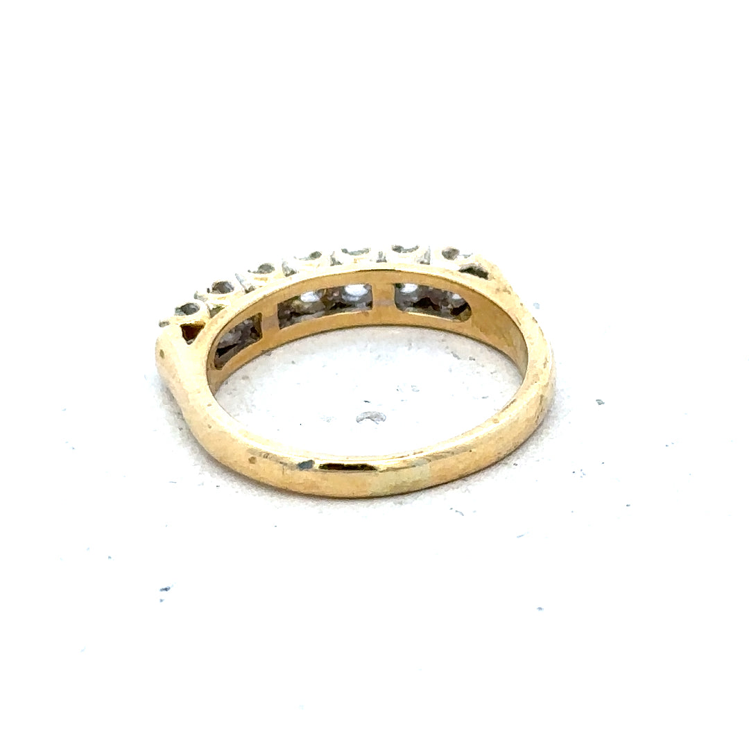 18ct yellow gold half eternity diamond ring with a row of sparkling diamonds, showcasing elegant craftsmanship and timeless design.