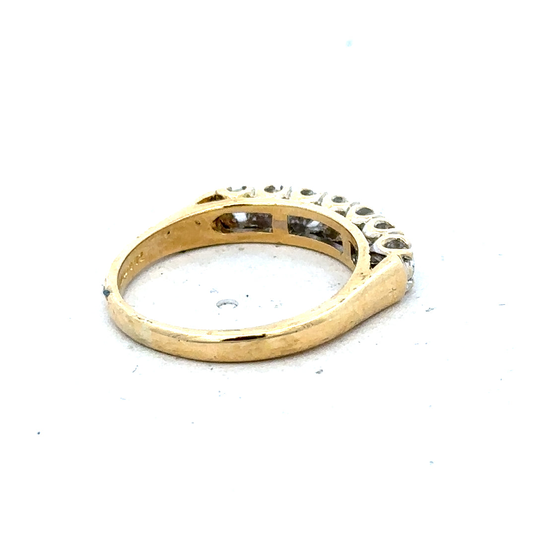 18ct yellow gold half eternity diamond ring with a row of sparkling diamonds, showcasing elegant jewelry design.