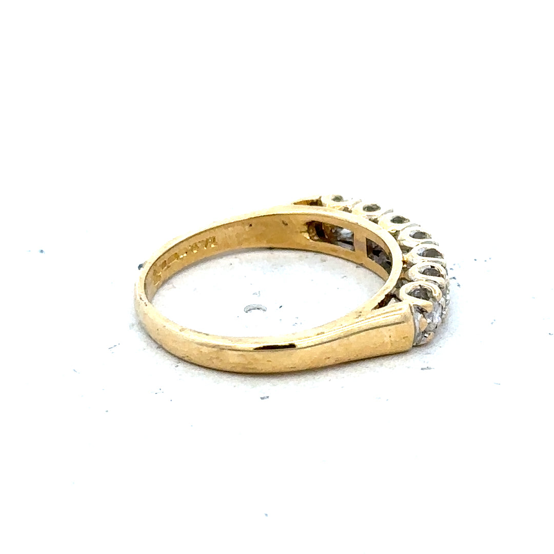 18ct yellow gold half eternity diamond ring with channel-set sparkling diamonds, elegant jewelry piece.