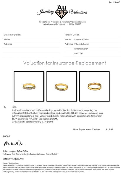 18ct yellow gold half eternity diamond ring with sparkling diamonds, showcasing elegant jewelry design.