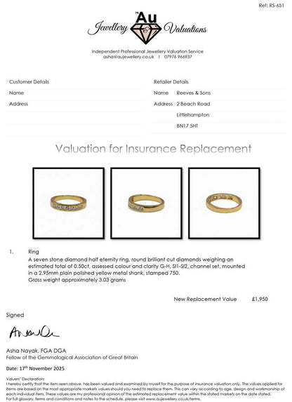 18ct yellow gold half eternity diamond ring with sparkling diamonds, showcasing elegant craftsmanship and a polished gold band.