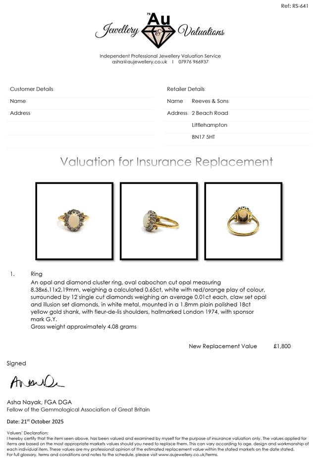 18ct yellow gold opal and diamond ring with a polished band and intricate design, featuring vibrant opal and sparkling diamonds.