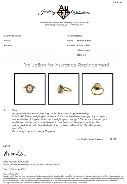 18ct yellow gold opal and diamond ring with a polished band and intricate design, featuring vibrant opal and sparkling diamonds.