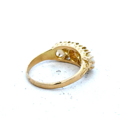 18ct yellow gold opal and diamond ring, size M, featuring a vibrant opal centerpiece and sparkling diamonds on a sleek band.