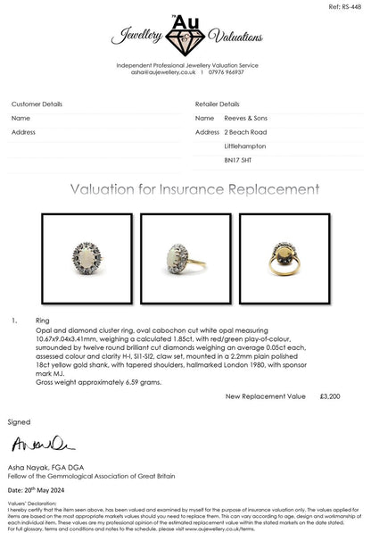 18ct yellow gold oval ring with 1.85 carat opal and 0.60 carat diamond accents, elegant gemstone jewelry.