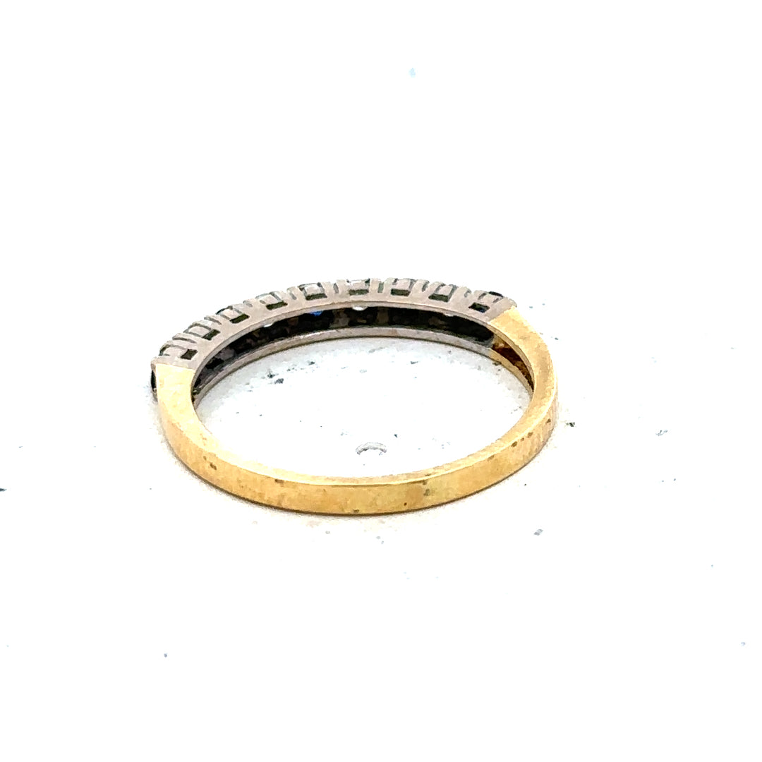 18ct yellow gold sapphire and diamond ring in size L1/2, featuring a detailed view of the elegant jewelry piece.