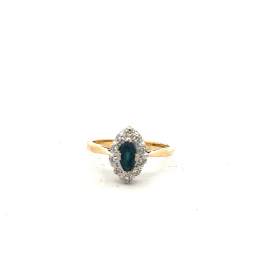 18ct yellow gold sapphire and diamond ring, size M, featuring a vibrant blue sapphire and sparkling diamonds on a sleek band.