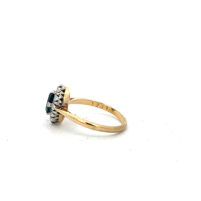 18ct yellow gold sapphire and diamond ring in size M, featuring a detailed design with sparkling gemstones.