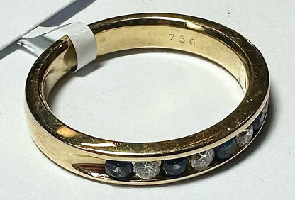 18ct yellow gold sapphire and diamond ring in size N, featuring a central sapphire and sparkling diamonds for elegant wear.