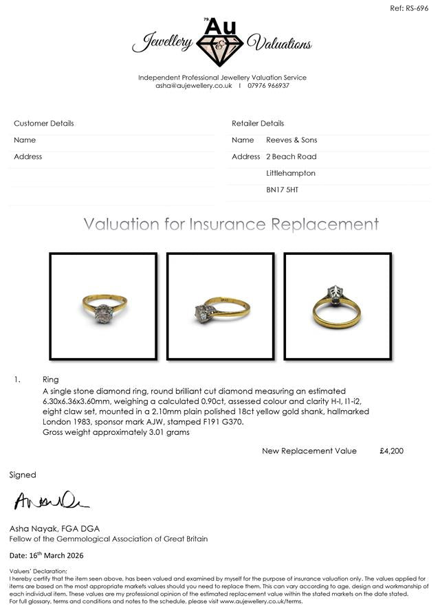 18ct yellow gold single diamond ring with a sleek band and central diamond, showcasing elegant jewelry craftsmanship.