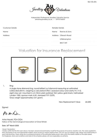 18ct yellow gold single diamond ring with a sleek band and central diamond, showcasing elegant jewelry craftsmanship.