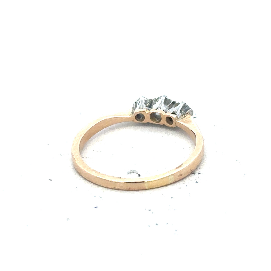 18ct yellow gold three diamond ring with a polished band, showcasing sparkling diamonds set in a simple, elegant design.