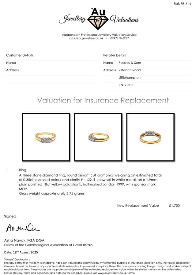 18ct yellow gold three-diamond ring with a simple band design, showcasing sparkling diamonds set in a classic style.