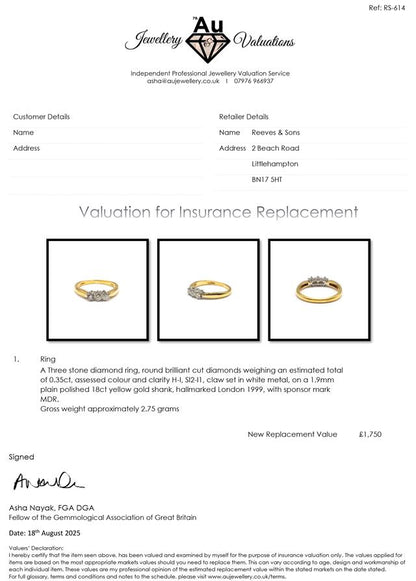 18ct yellow gold three-diamond ring with a simple band design, showcasing sparkling diamonds set in a classic style.