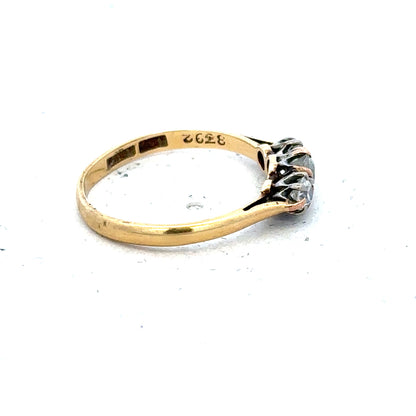 18ct yellow gold three diamond ring in size L, featuring a simple and elegant design with sparkling diamonds.