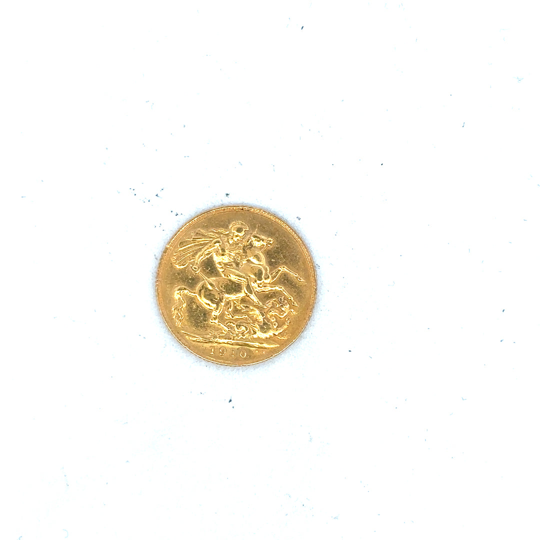 1910 full sovereign gold coin, 8g, showcasing intricate design and historical details, unbranded collectible coin image.